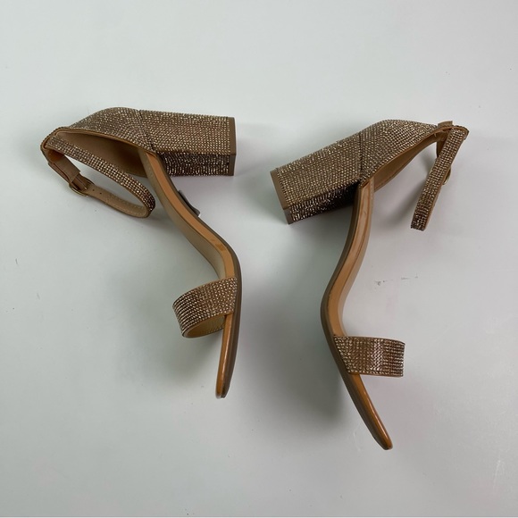 Gold Strappy Sparkly Jewel Open Toe Square Heel Shoes - Picture 7 of 11